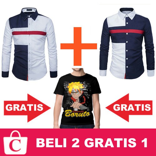 BELI 2 GRATIS 1 - Kemeja Pria Lengan Panjang Garis Dada Kombi PUTIH BIRU MERAH + Kaos Anime RANDOM