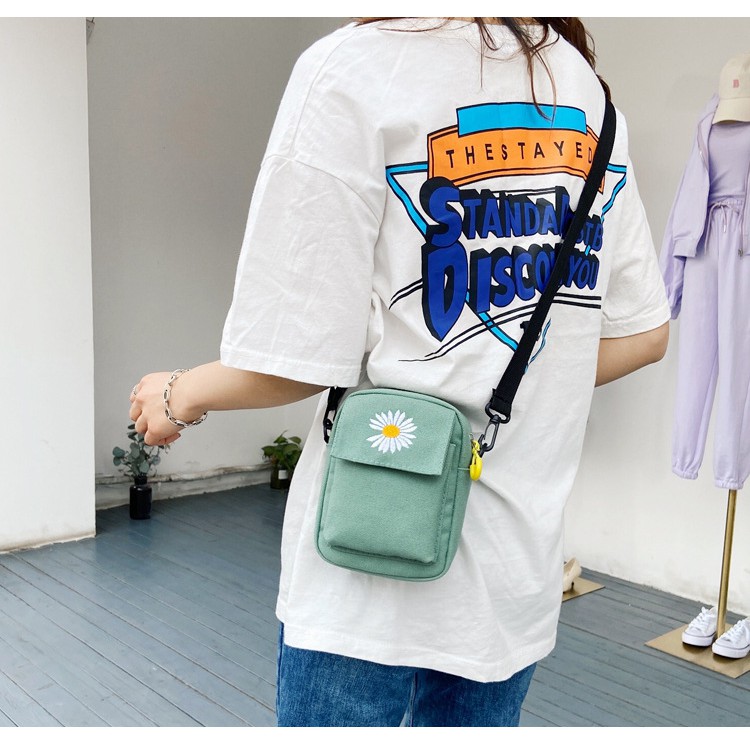HEMAT Tas slempang Wanita motif bunga / Tas Musim Panas Kanvas Tas Ponsel Korea Kasual Kecil Daisy