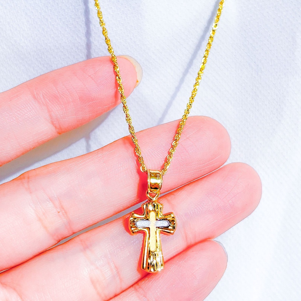 Liontin anak dan dewasa emas asli kadar 700 70 16k cross salib Jesus Christ mainan kalung kombinasi mix 2 sisi warna putih doff gold ringan 0,7 gram gr g pendant Yesus