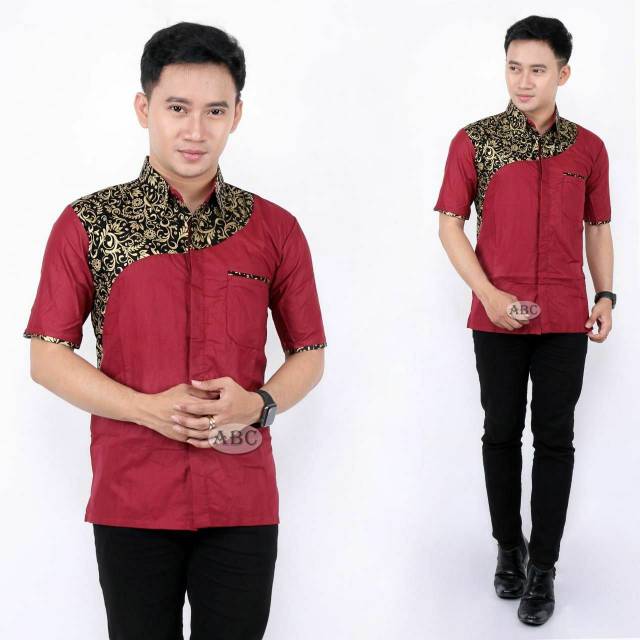 HEM BATIK PRIA/COWOK LENGAN PENDEK WARNA ABU-ABU, MERAH DAN HITAM