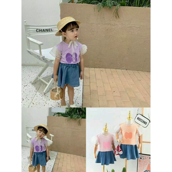 Set Rok Anak Jeans Import Kaos Pita Lengan Tile