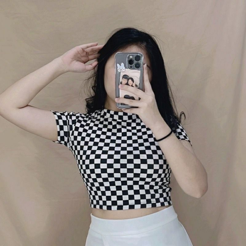 Arifirn Checker Catur Crop Top RIB - Kaos Tshirt Wanita Murah