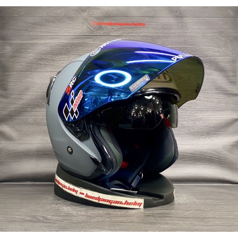 PAKET GANTENG  KYT HELM DJ MAXI GORILLA GREY DOFF - FLAT VISOR IRIDIUM KYT - HALF FACE DOUBLE VISOR-2