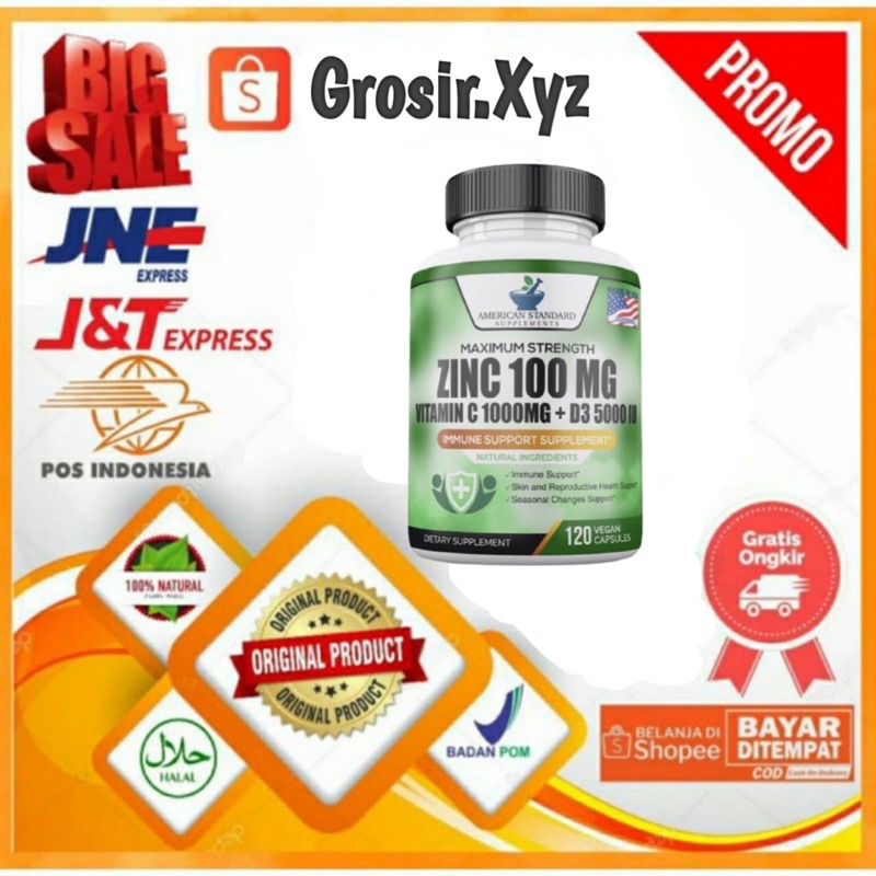 Zinc 100mg, Original Vitamin C 1000 mg, Vitamin D 5000 IU [3 in 1] - 120 Kapsul
