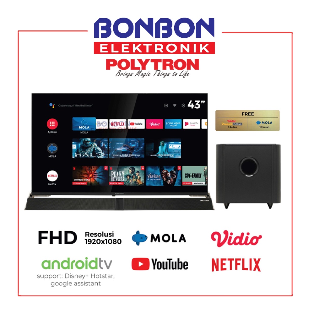 Polytron LED Smart TV 43 inch PLD 43BAG5959 Android Netflix Soundbar