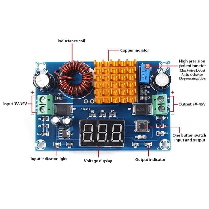 Step Up Power Supply Module Boost DC-DC 3-35V to 5-45V Voltmeter 5A