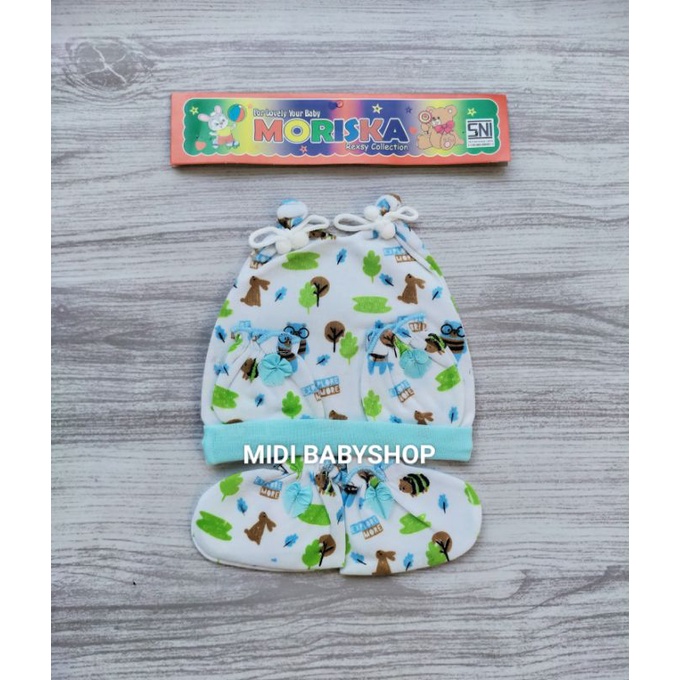 1 Set Topi dan Sarung Tangan Kaki Bayi Motif Lucu Moriska Baby SNI