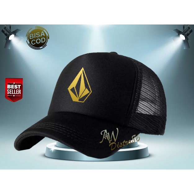 PROMO Topi Distro Volcom Text Gold Premuim Quality Topi Trucker Keren Murah Banyak Di Cari Cowok &amp; Cewek Topi Kata Kata Sablon