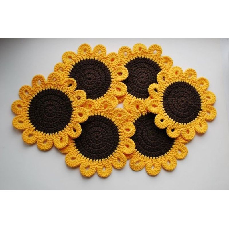 Souvenir Rajut Murah Tatakan Gelas / Aplikasi Rajut ala Korea Bunga Matahari Handmade
