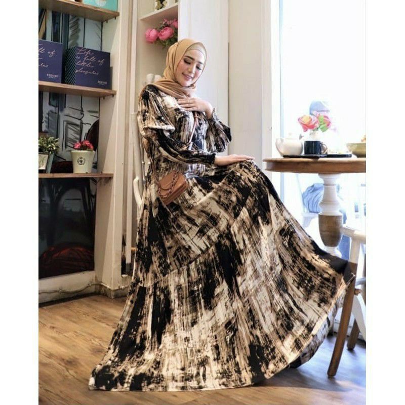 GAMIS MAXI DRESS RAYON PREMIUM LD 100 - 110 HOMEYDRESS BUSUI BAJU GAMIS SERAGAM MOTIF TERBARU V.2-CIA BLACK DRESS