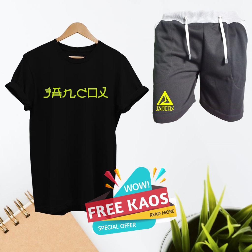  Celana  Pendek  Premium JANCOX Hitam  Free Kaos  JANCOX Hitam  