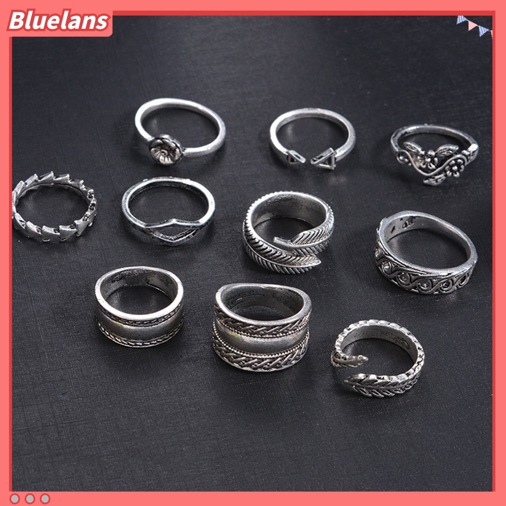 Bluelans 9 Pcs Vintage Women Hollow Carving Flower Leaves Open Band Knuckle Ring Set