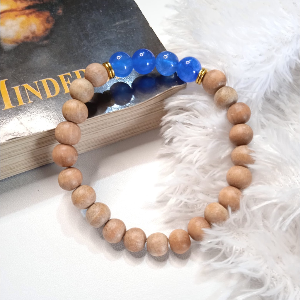 Gelang Batu Original Handmade Kayu Cendana Kombinasi Batu Alam Blue Agate