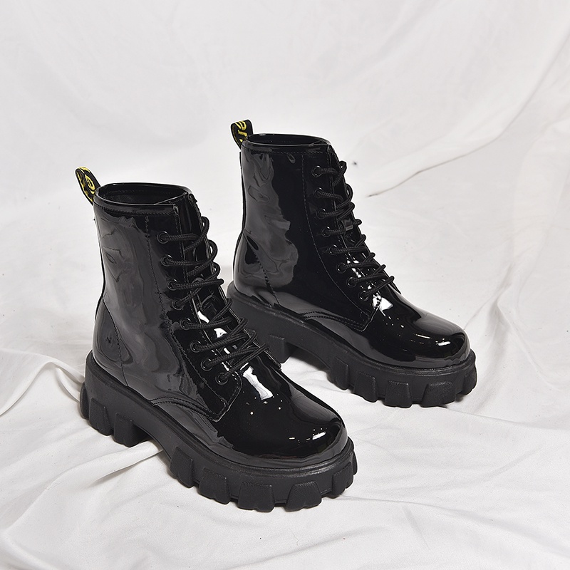 Sepatu Ankle Boots Docmart Wanita Import Korea Bot Kulit Paten Tali Karet Murah Hitam Big Size Korean Style Black Platform Booties - Ukuran 35 36 37 38 39 40 41