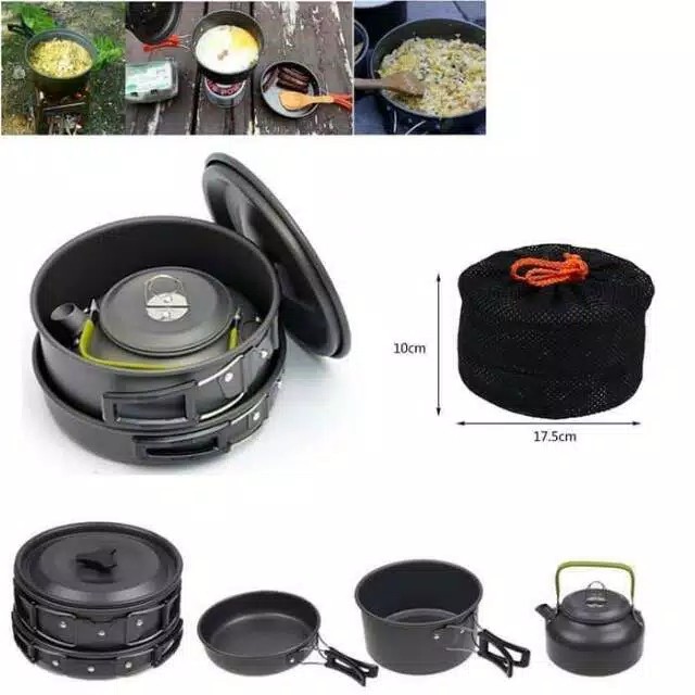 Cooking Set Plus Teko DS-308 &amp; Stove K203 Kompor Mawar Nesting Camping Outdor