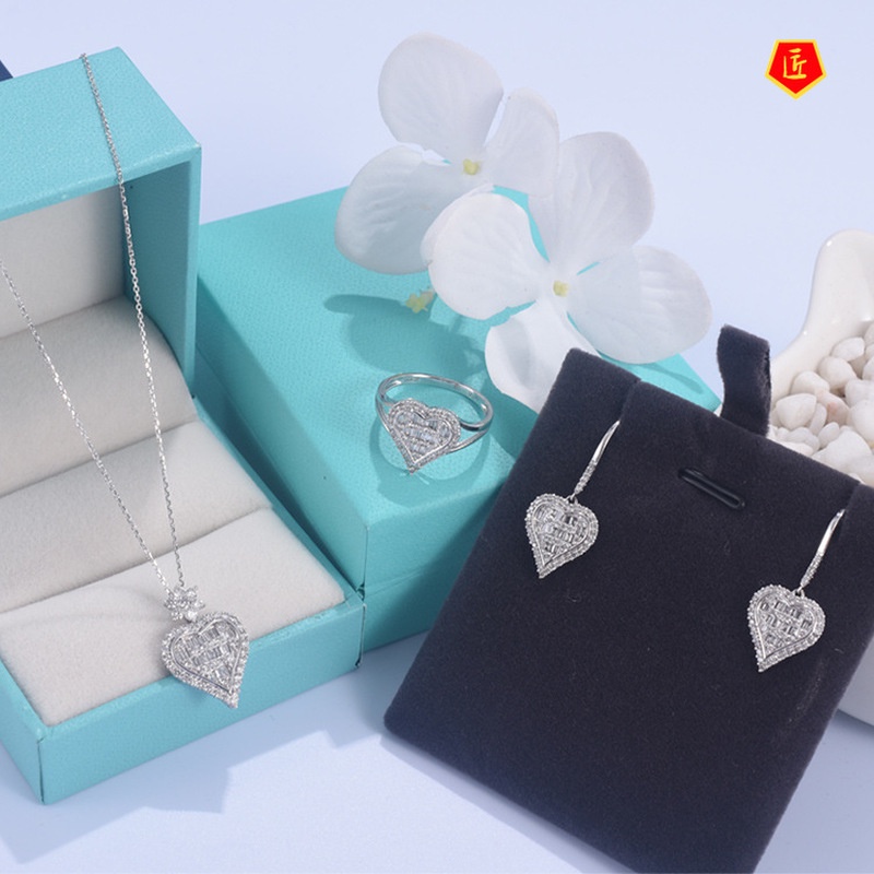 [Ready Stock]Heart-Shaped Full Diamond Pendant Moissanite Ring Earings Set