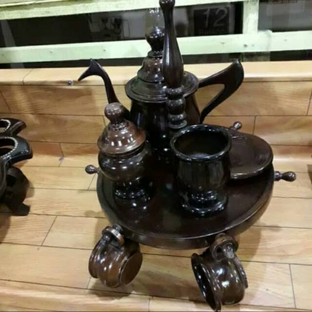 SATU SET TEKO CANGKIR GELAS MODEL GANTUNG KAYU JATI - HIASAN MEJA