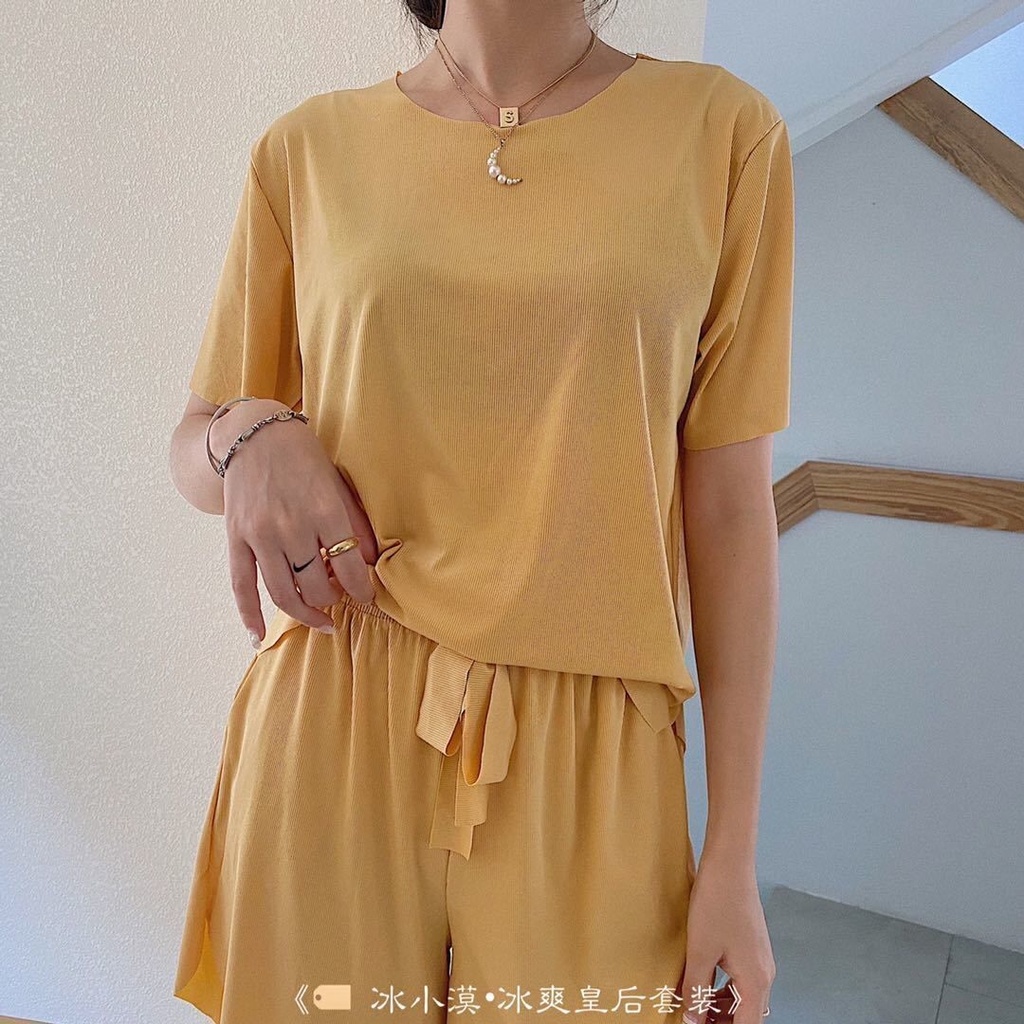 BAJU TIDUR WANITA PIYAMA WANITA PIYAMA PENDEK BAJU TIDUR PENDEK WANITA CELANA PENDEK WANITA PAKAIAN TIDUR PIYAMA BAJU TIDUR LENGAN PENDEK PIYAMA LENGAN PENDEK BAJU TIDUR WANITA POLOS PIYAMA CELANA PENDEK THARA SHORT SET-Kuning