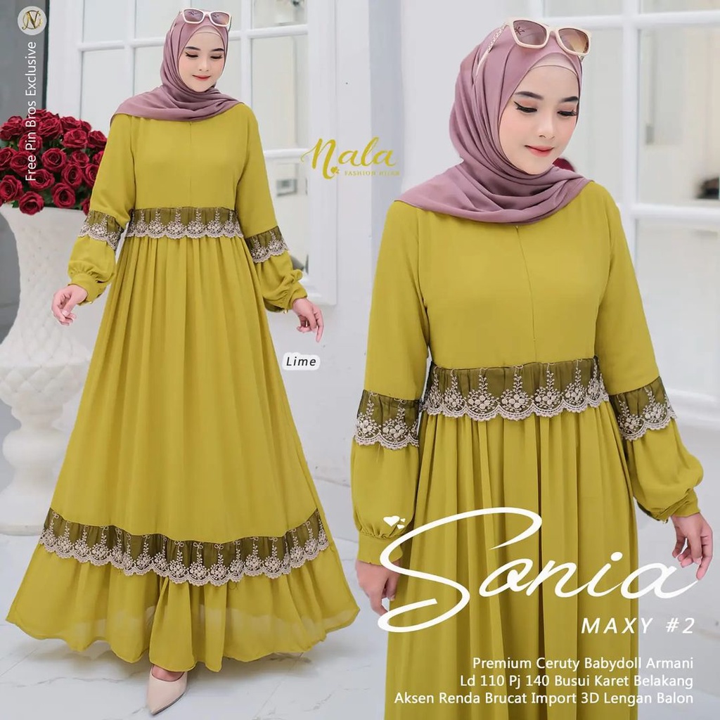 Sonia Maxy Gamis Malaysia Terbaru Dress Ceruty Aplikasi Renda Bunga Pakaian Busui Fashion Muslim Gamis Pesta Mewah