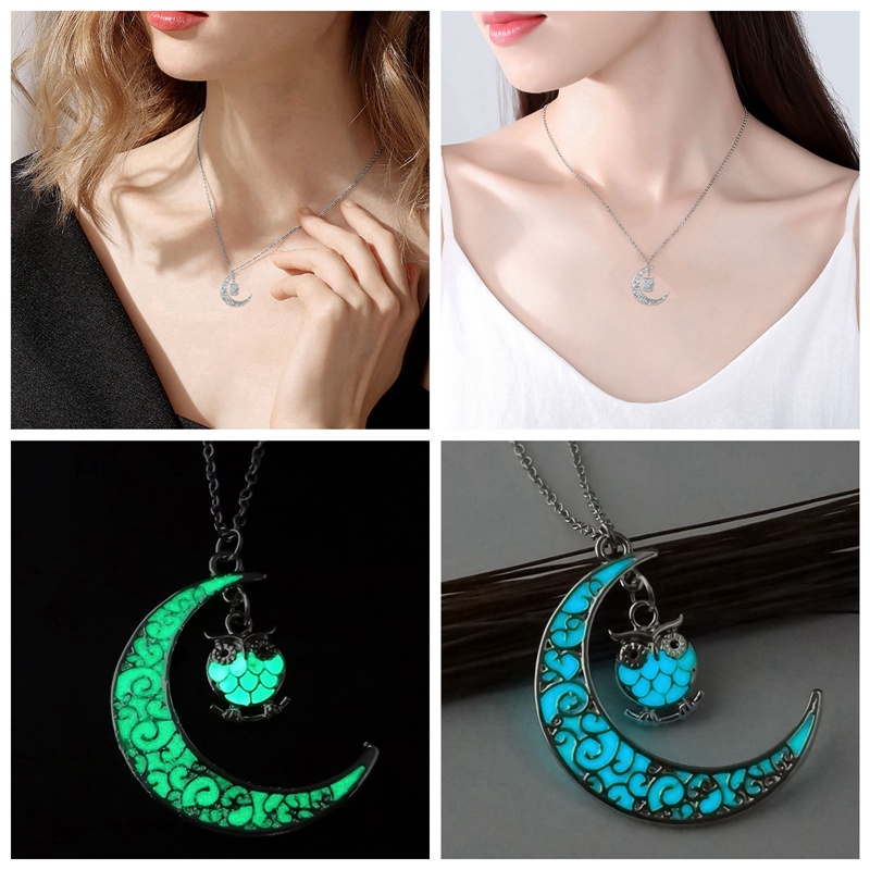 Kalung Lapis Silver Desain Burung Hantu Glow In The Dark Untuk Pria Dan Wanita