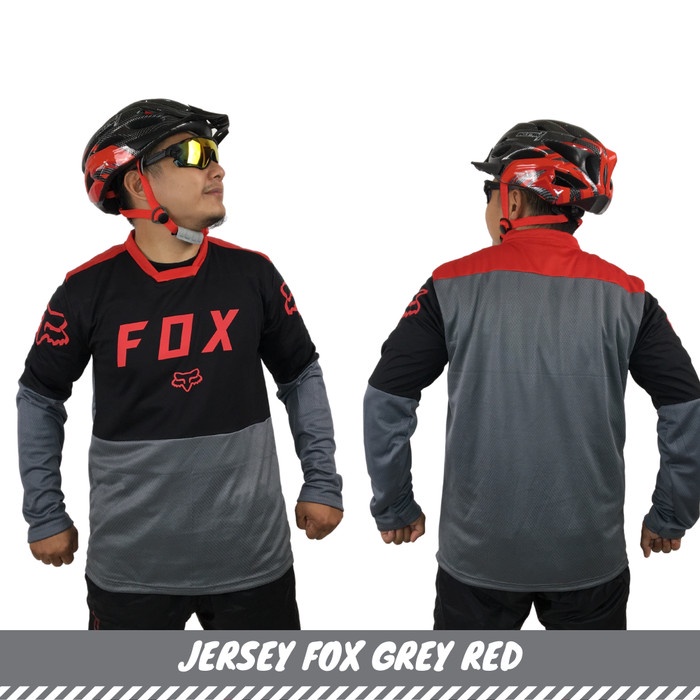 Jersey Sepeda Vneck bahan oktagon JPAO FOX Black Grey Red