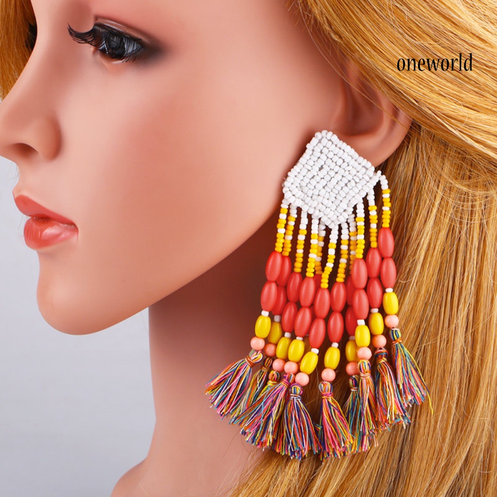 OW# Bohemian Women Beads Tassel Dangle Long Ear Stud Earrings Statement Jewelry Gift