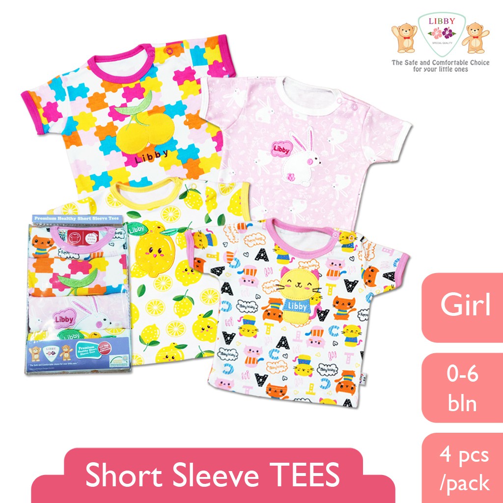 LIBBY Short Sleeve Tees 0-24 BLN Motif RANDOM (1 PACK/SET) Isi 4pcs / Baju Kaos Bayi Lengan Pendek