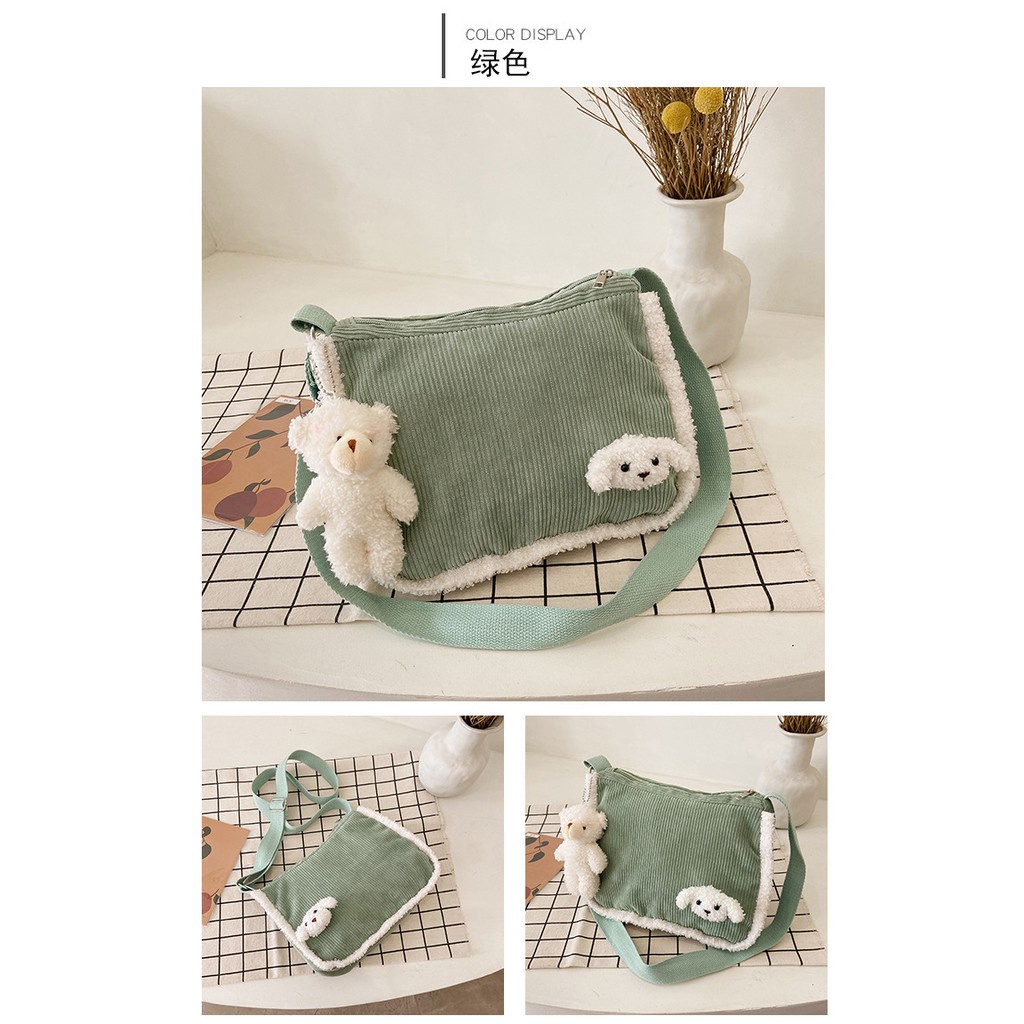 TC-76 tas selempang wanita corduroy bulu cute bear sling bag import korea jepang c