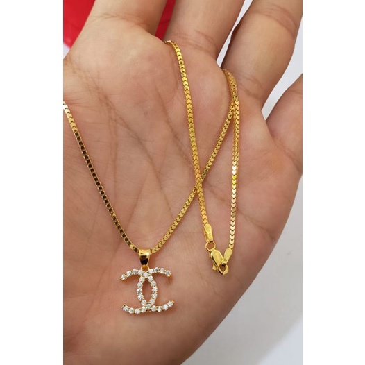 Kalung Milano Kaca + Liontin Chanel mata2, Perak 925, Sepuh Emas Kuning