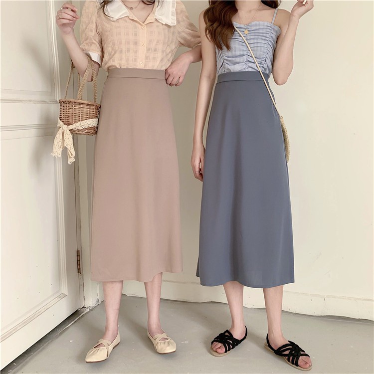 [chaoo.id ]Rok mid-length A-line versi Korea pinggang tinggi temperamen baru warna solid tipis mid-length