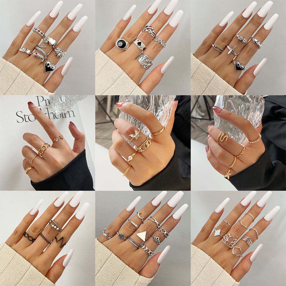 YEEZII 10pcs / Set Cincin Rantai Ular Butterfly Hias Mutiara Berlian Gaya Korea Untuk Pasangan