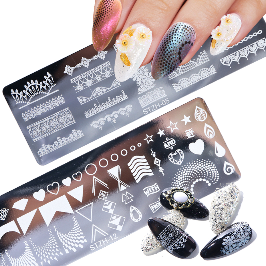 1 Set Nail Stamping Plate Motif Geometri Bunga Dan Daun Dengan Sponge Brush Bahan Silikon Untuk Nail Art