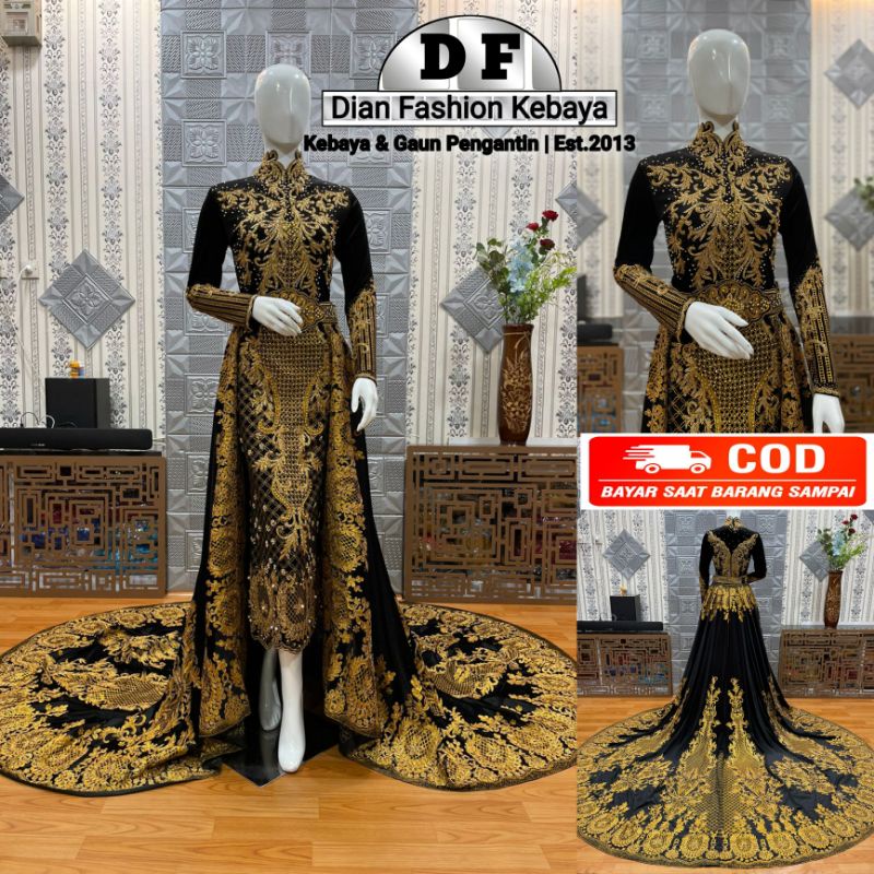 Gaun Pengantin Bludru Mutiara Barell Hitam Gold.