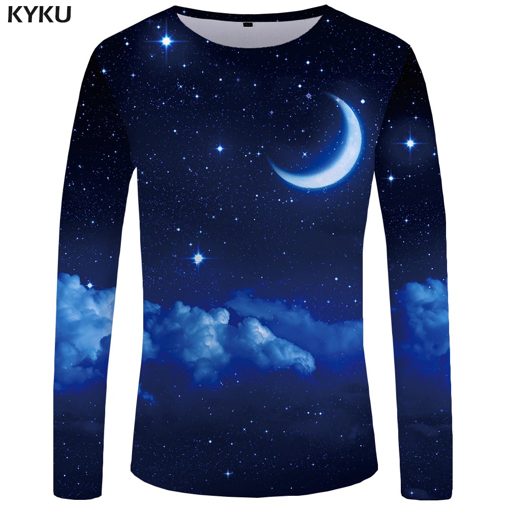Terlaris KYKU Bulan Panjang lengan T shirt Bintang Lucu T shirt Malam Sky Tshirt Ruang 3d T-shirt