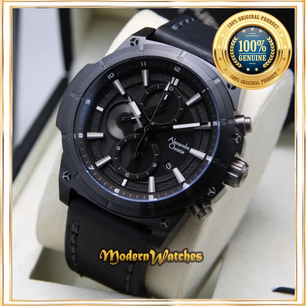 Jam Tangan Ori Pria Alexandre Christie AC 6587 Full Black Hitam Tali Kulit Hitam Terbaru Sporty