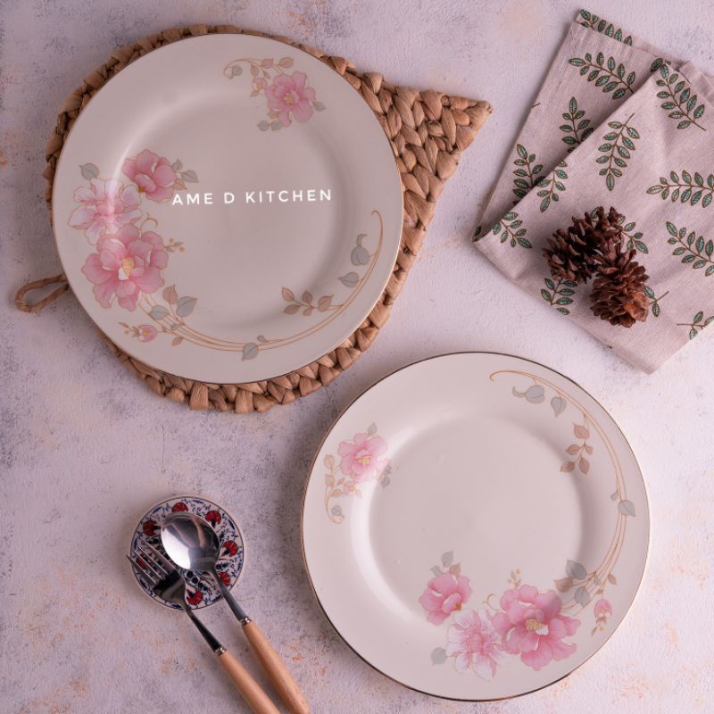 SALE Piring ceper besar keramik motif bunga pink