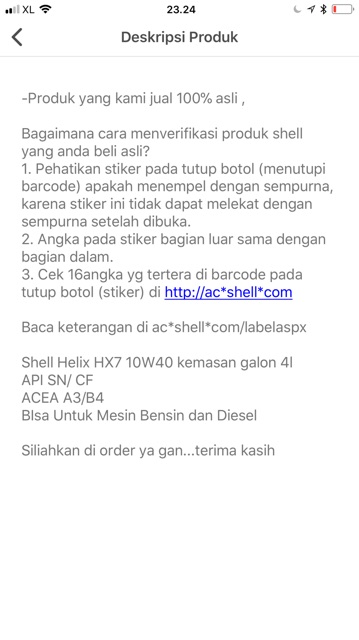 OLI SHELL HX5 15W-40 GALON 1 LITER VERIFIED QR BARCODE OK