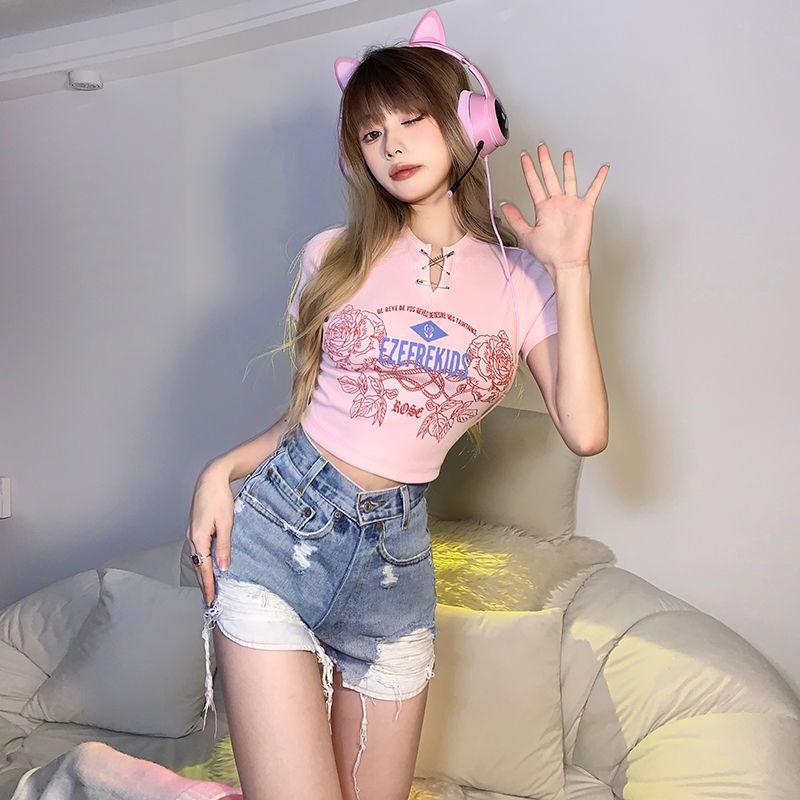 Prove kekinian atasan crop top girly retro print short-sleeved t-shirt design small v-neck slim high waist crop top baju import kaos wanita korean style