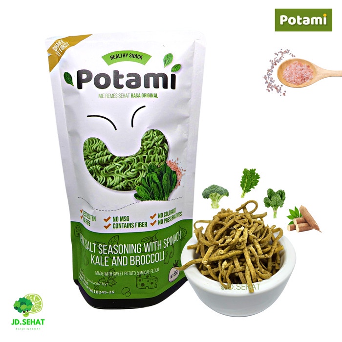 

Mie Remes Bayam POTAMI Original Pink Salt No MSG Less Gluten Egg Free
