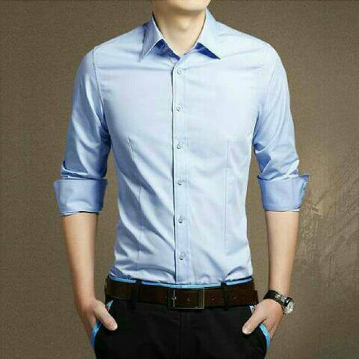 KEMEJA KERJA PRIA SLIM FIT POLOS LENGAN PANJANG HEM COWOK POLOSAN