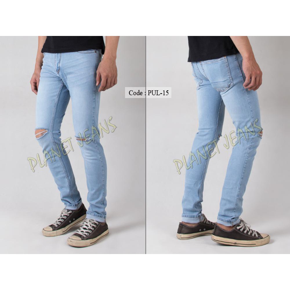 Celana Jeans Robek Lutut Pria Skinny Pensil Denim Sobek Di Dengkul Warna Biru Muda Cowok PUL15 PJ1