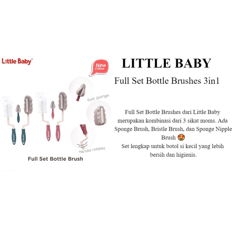 LITTLE BABY Sikat Botol &amp; Dot Bayi isi 3 pcs FULL SET BOTTLE BRUSHES Premium Sponge BPA free