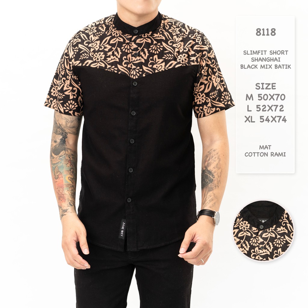 Freypv 8118 Slimfit Short Shanghai Black Mix Batik M-xl Kemeja Pendek