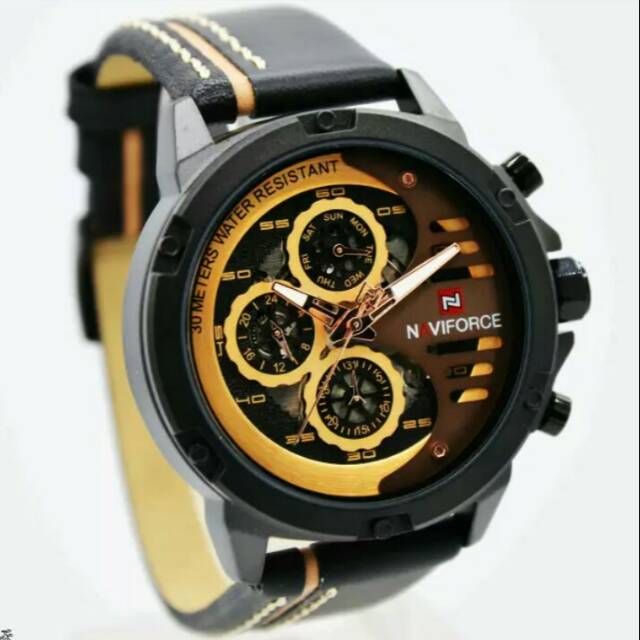 Jam tangan pria Naviforce NF9110MB Chronograph Orginal Strap kulit