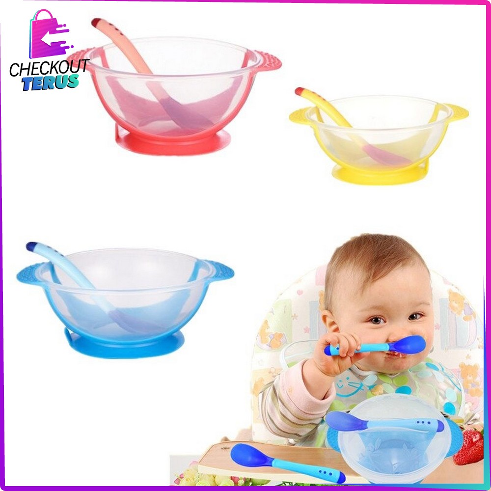 CT C123 Mangkok + Sendok Makan Bayi Sensor Panas Tempat Makan Bayi Anti Tumpah Mangkuk Suction Bowl Baby set