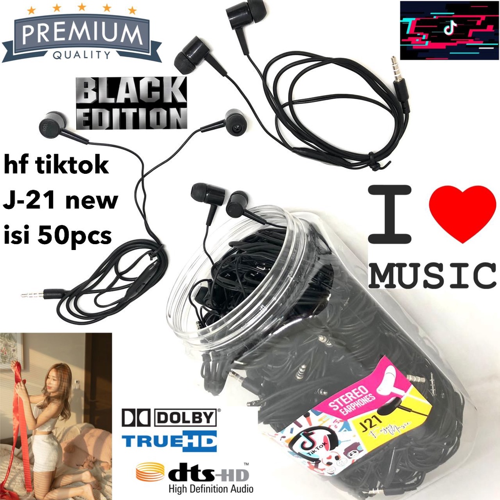 HANDSFREE TIKTOK EARPHONE SUPER BASS J-21 1 TOPLES 50PCS + MIC MURAH BLACK