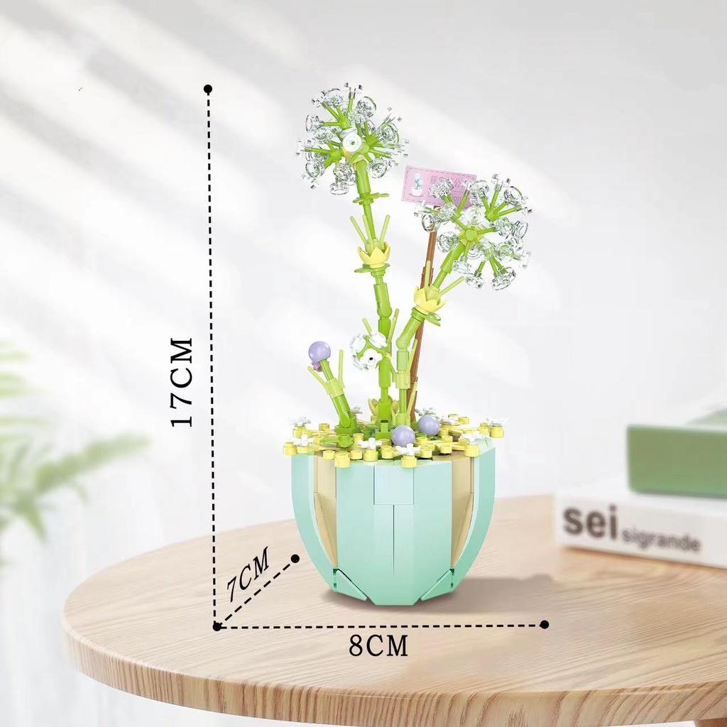 Mainan Balok Bangunan Partikel Kecil Bentuk Pot Tanaman Dandelion Simulasi