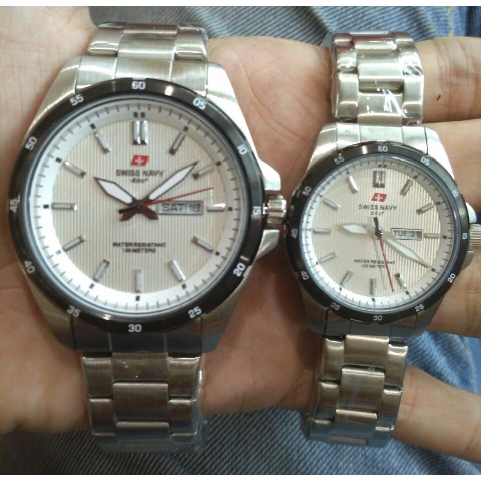 Jam Couple SN Swiss Navy 8681 Silver Plat Hitam Putih Original F-14
