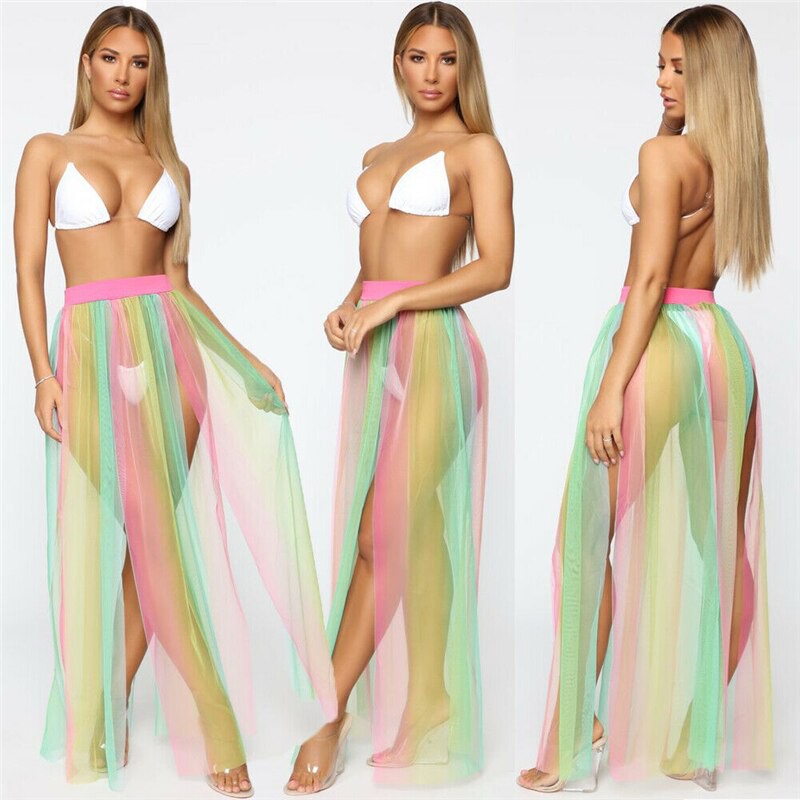 Gratis Ongkir Women Sexy Chiffon Skirts Beach Cover Up Beachwear Sexy Summer Slit Pareo Skirt Cover
