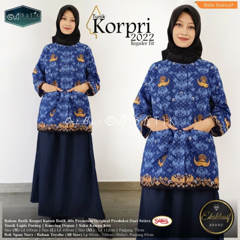 Seragam Korpri Tunik Full Furing Baru Batik Katun Sritex dan Rok Span Navy Allsize Jumbo/Bigsize/Bes